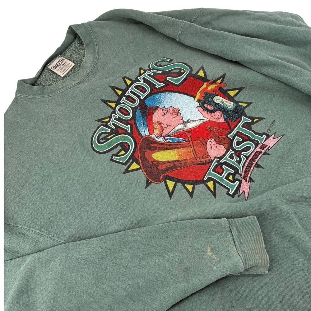Oneita Sweatshirt Mens‎ XL Pullover Green Stoudts Fest Graphic Vintage USA Made